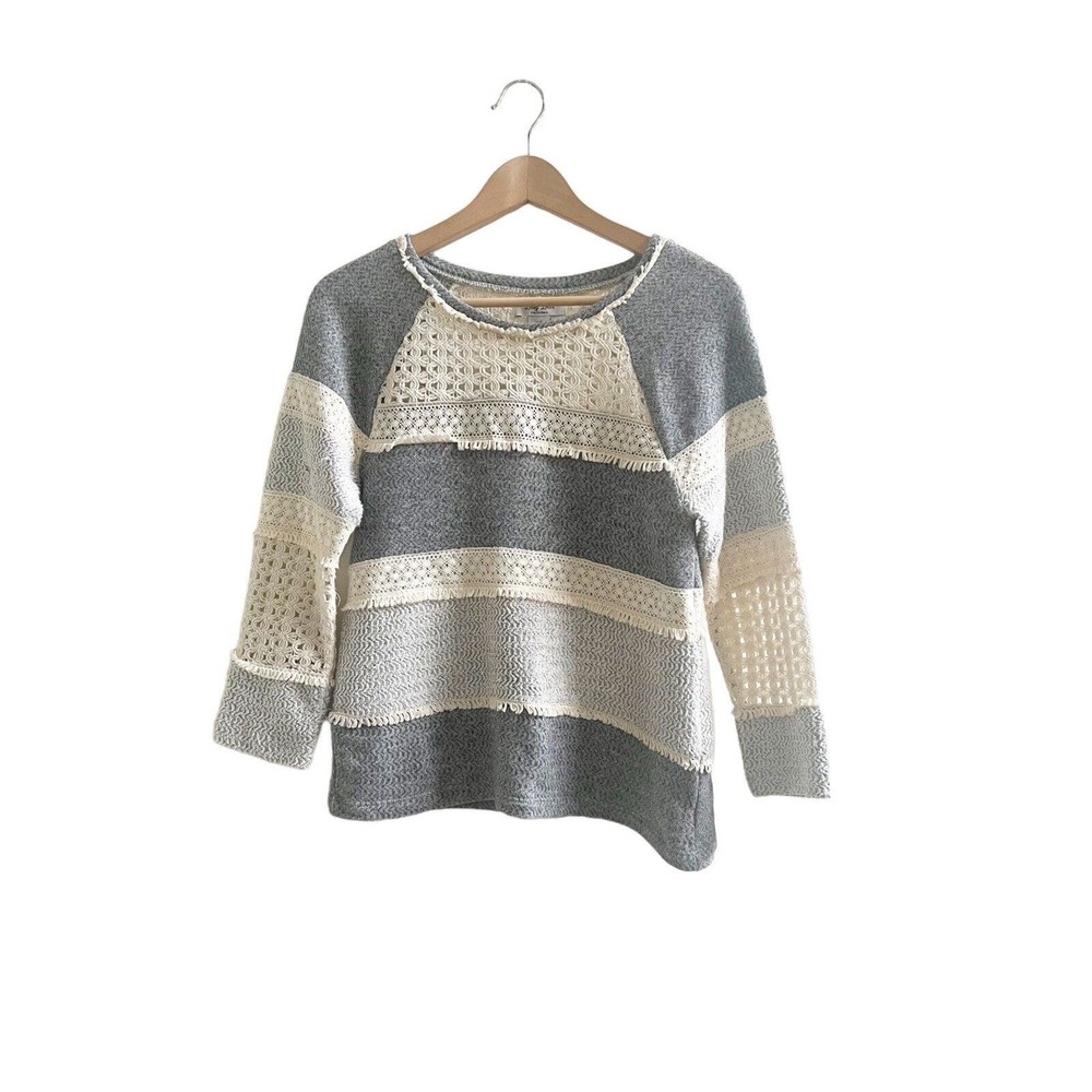 Lucky Lotus Crochet Knit Sweater Size XS Cream Gray Cabin Preppy